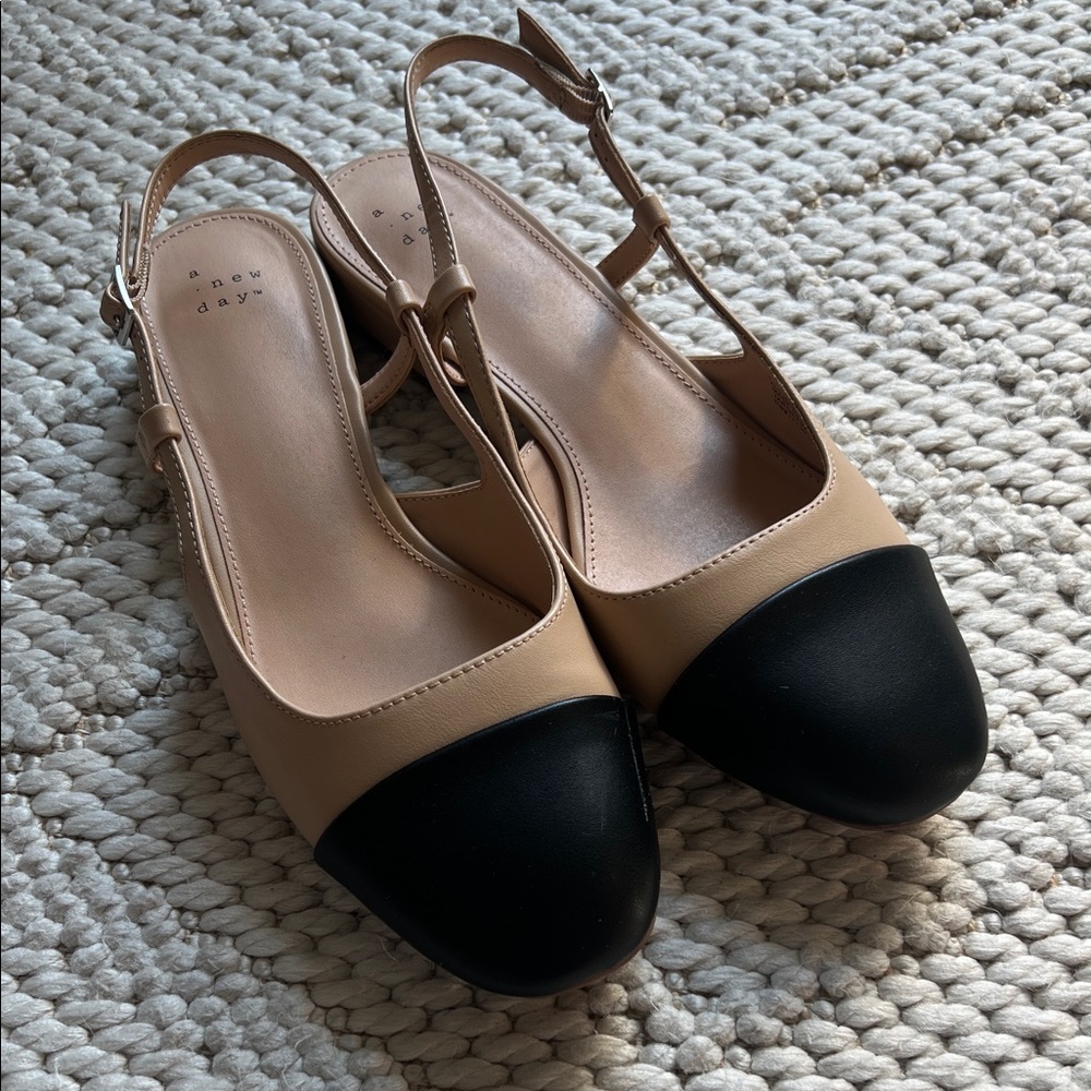 A New Day Beige and Black Slingback Flats